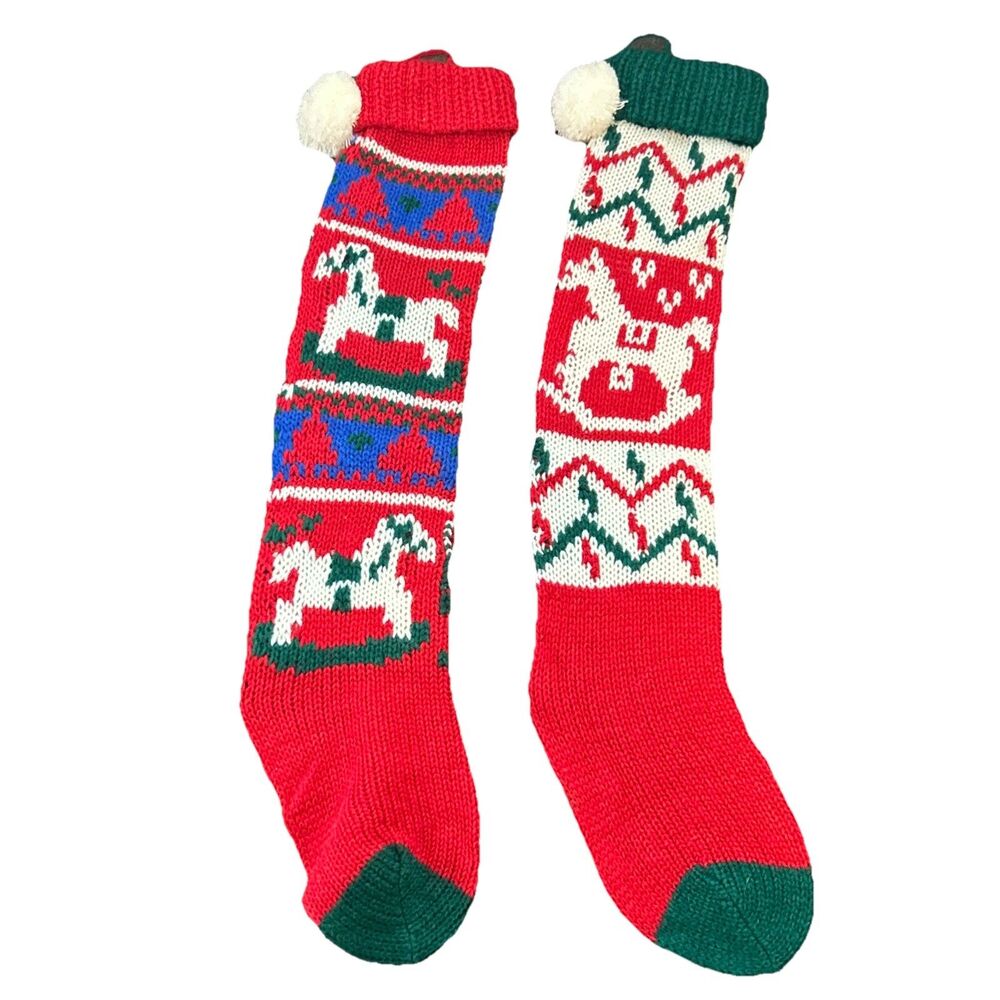 Lot of‎ 2 Vintage Rocking Horse Knit Christmas Stockings Red Pom Pom Cuffs